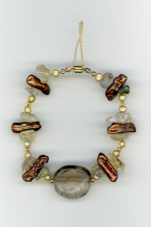 Smoky Quartz, Rutilated Quartz & Pearl Bracelet